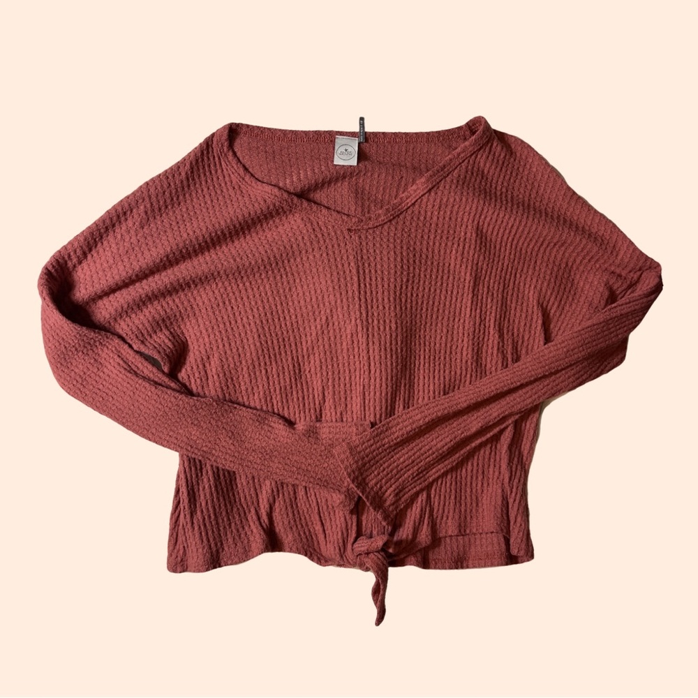 Waffle Texture Burnt Orange-Red Front Tie Top